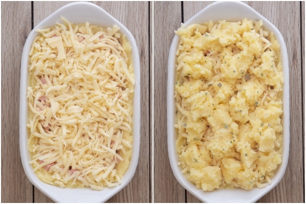 Shredded cheese on top of the cubed ham & remaining mashed potato drops on top.