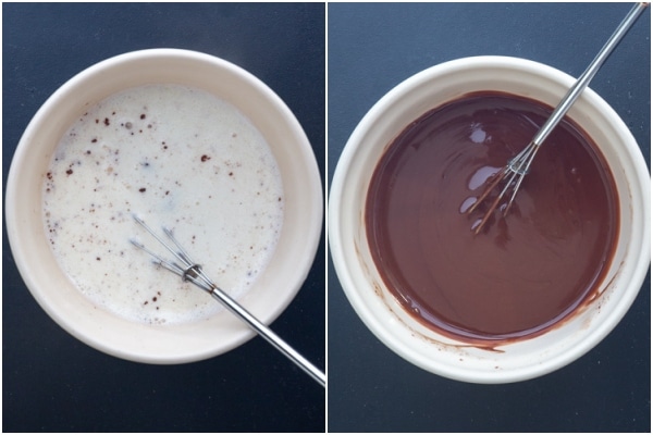 Hot milk added to the chopped chocolate and stirred until smooth.