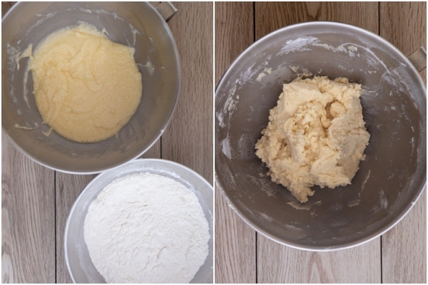 Mixing the wet & dry ingredients to form a dough.