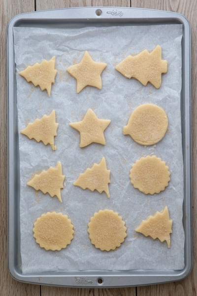 Rum cookie cutouts on cookie sheet.