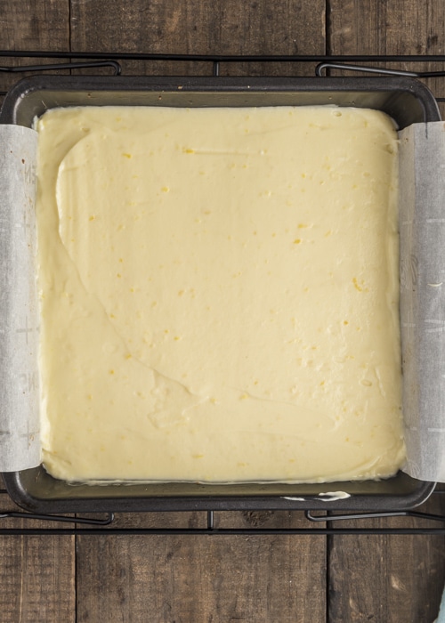 The lemon cheesecake bars before baked in the pan.