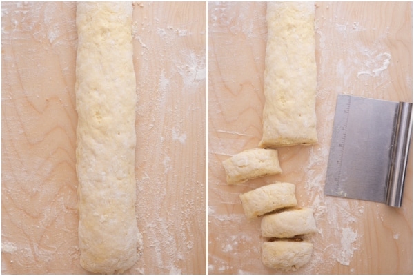 The dough rolled and cut into 11 slices.