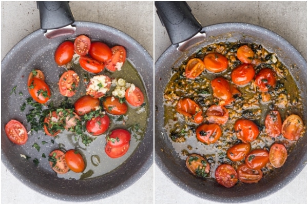 Tomatoes in a frying pan before and after cooked.