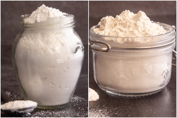 Brown and white powdered sugar in glass jars.