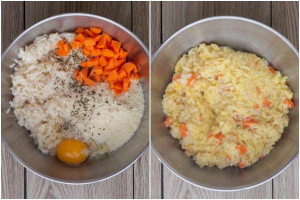 Mixing the rice mixture in a silver bowl.