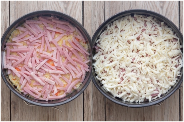 Topping the mixture with ham & shredded cheese.