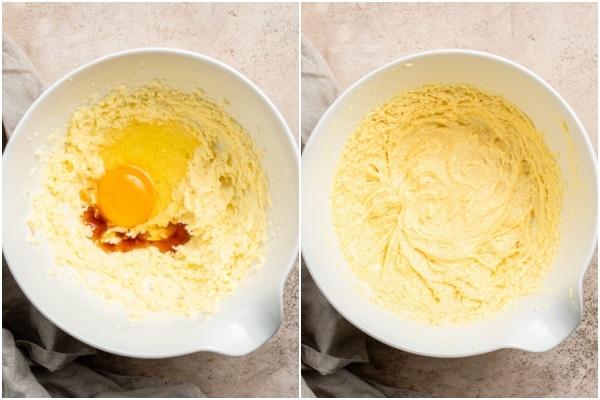 Beating the egg and vanilla into the creamed butter.
