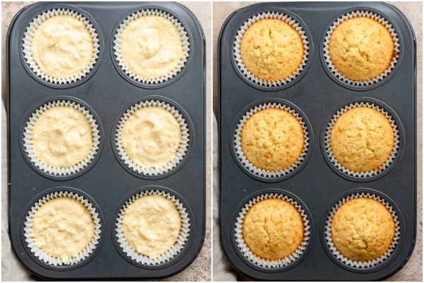 The cupcakes before and after baking in the pan.