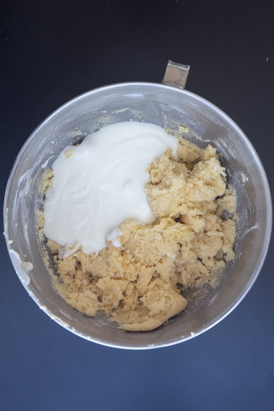 The flour mixed in and the yogurt added.