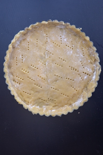 The dough in the pie plate and pricked.