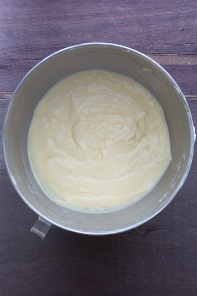 Cream cheese filling mixed in mixing bowl.