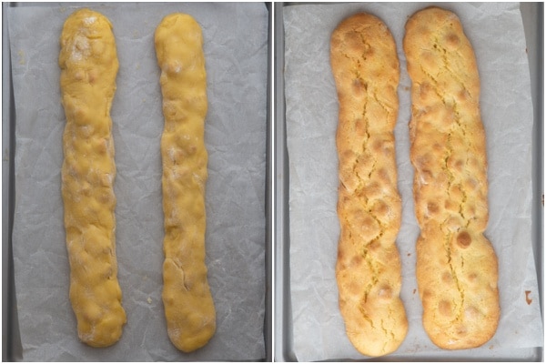 The dough before and after the first bake.