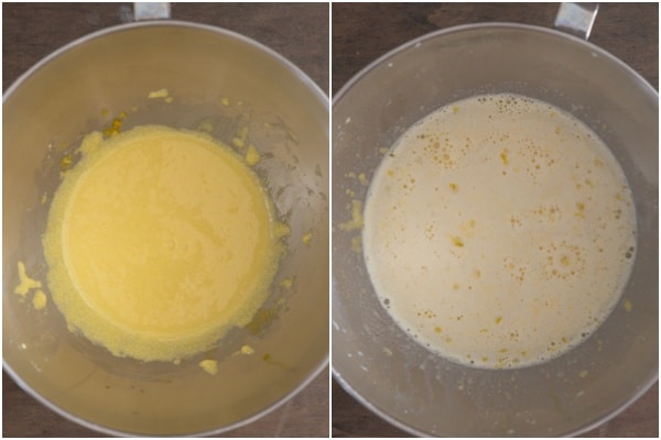 Eggs beaten and wet ingredients mixed in the mixing bowl.
