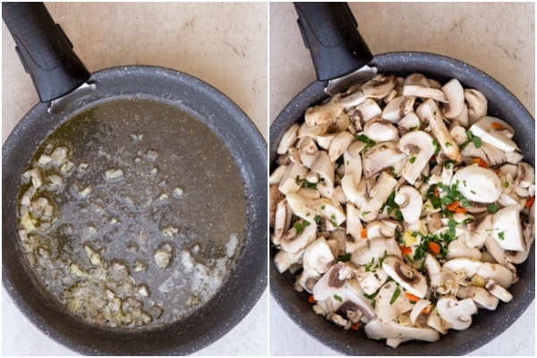 Mushroom risotto adding the garlic and mushrooms in the pan.