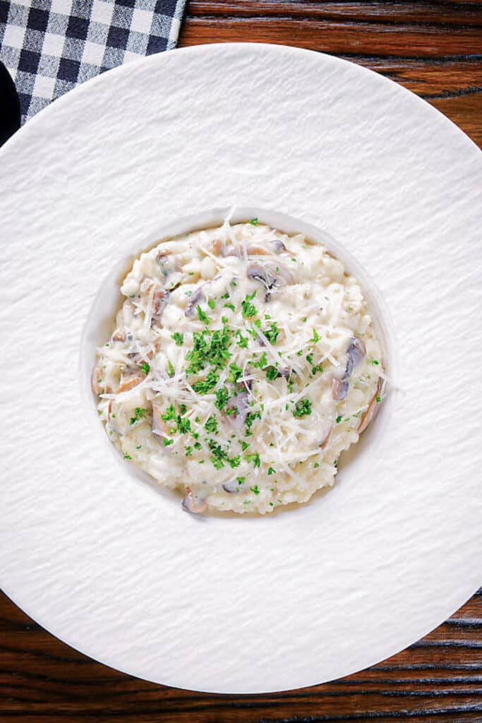 Risotto on a white plate.