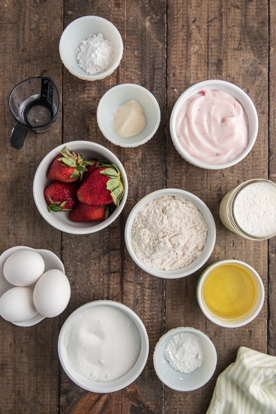 Ingredients to make strawberry cupcakes.