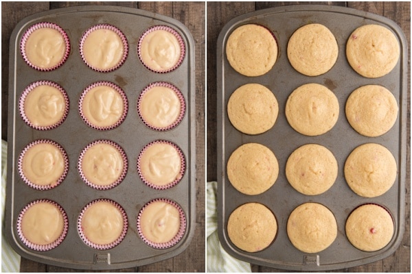 The cupcakes in the pan before and after baking.