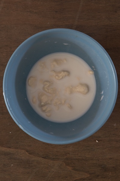 Lievito madre and milk mixed in a blue bowl.