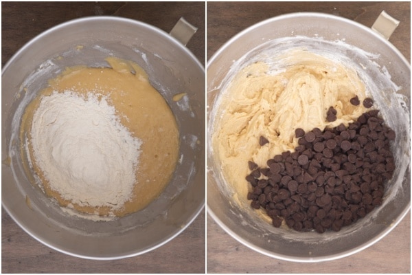 The flour and chocolate chips added to the batter.