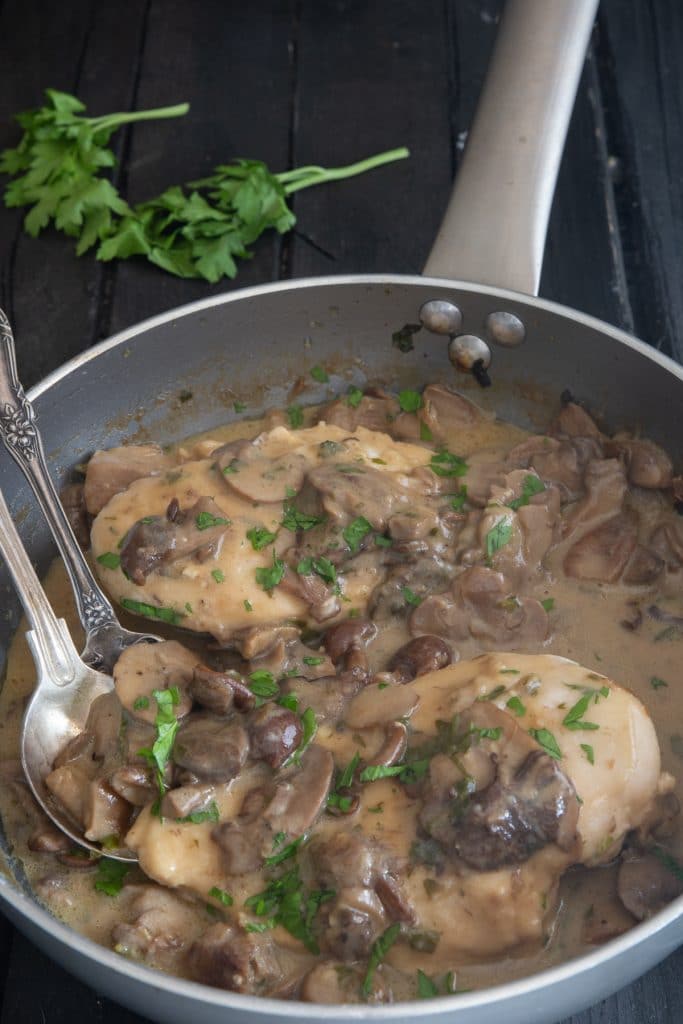 Chicken with mushroom in a silver pan.
