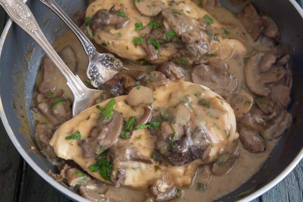 Chicken and mushrooms in a silver pan with a fork and spoon.