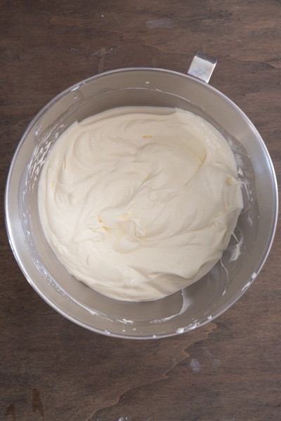 The mascarpone cream mixed in a glass bowl.