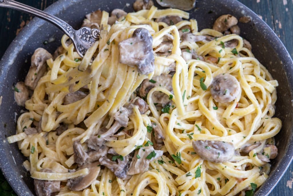 Mushroom pasta in a pan.