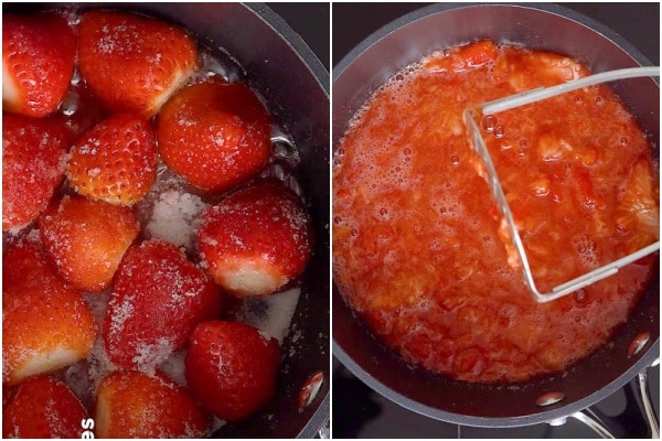 Cooking the strawberries in a small pot.