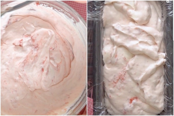 Adding the strawberry sauce to the yogurt mix and placing in a loaf pan.