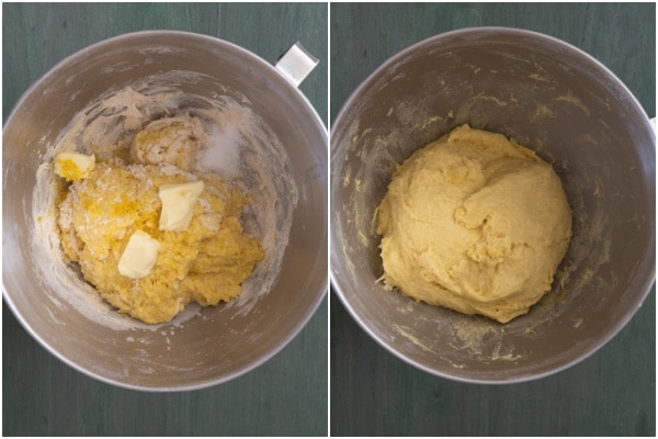 Adding the butter to the dough and kneading until smooth.