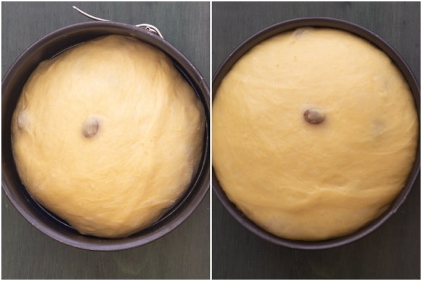 The dough in the pan before and after the 3rd rise.