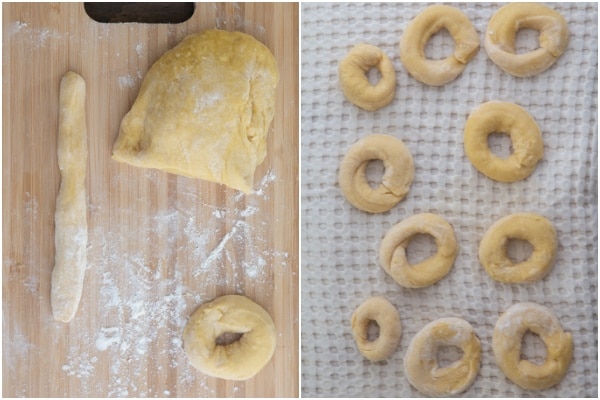 Dough cut and formed into circles on a tea towel.
