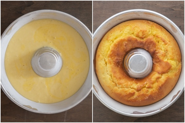 Batter in cake pan before and after baked.