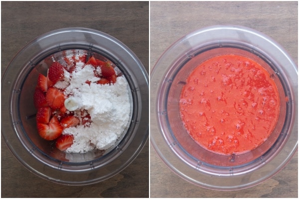 Blending the strawberries and sugar.