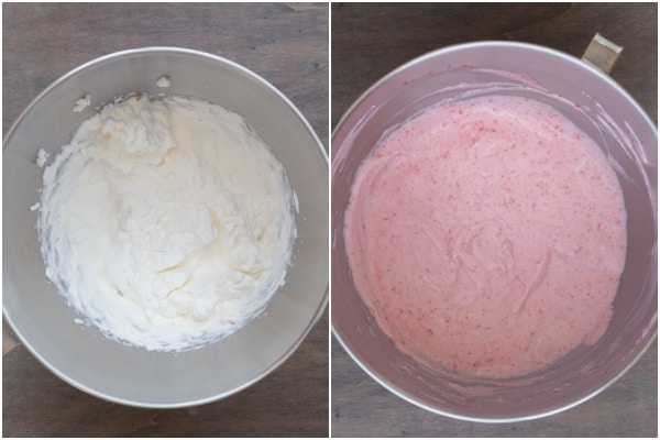 The cream whipped and the strawberry mixture folded in.