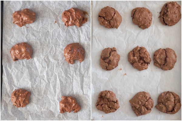 The cookies on a baking sheet before and after baking.