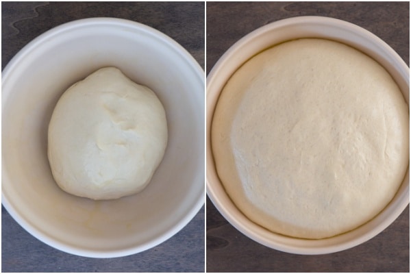 the dough before and after rising in a white bowl.
