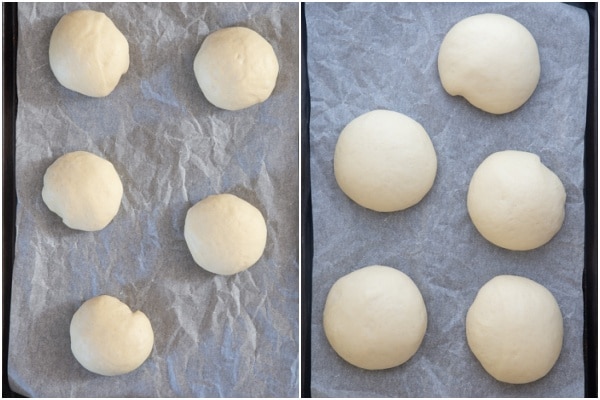 The buns before and after rising on a cookie sheet.