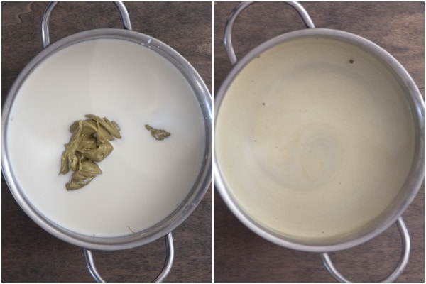 Mixing the ingredients in a silver pot before and after heating.