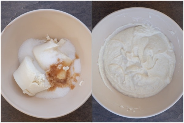 Beating the cream filling until smooth in a white bowl.