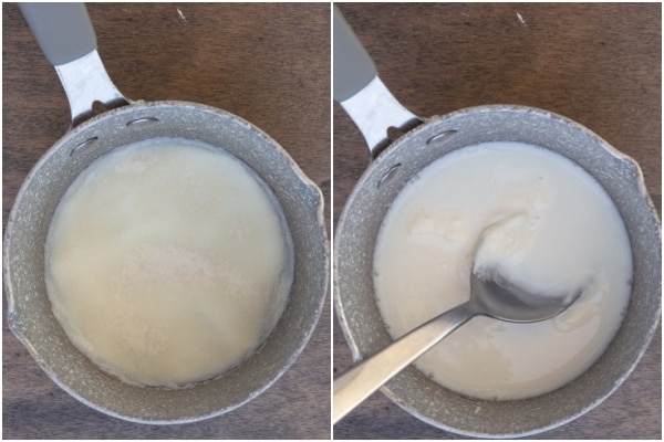 cooking the gelatine in a pot.