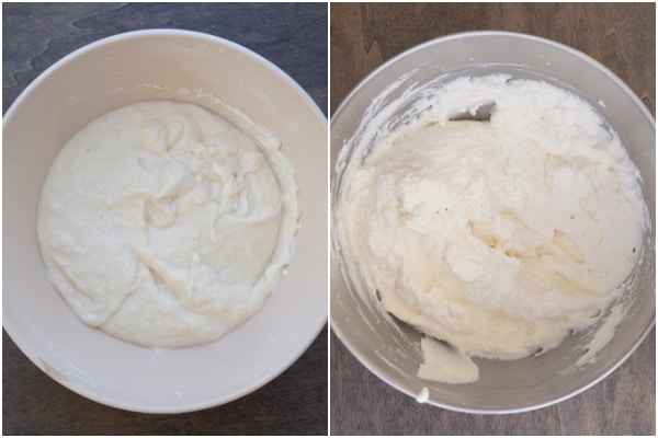 Mixing the gelatine into the ricotta cream and into the whipped cream.