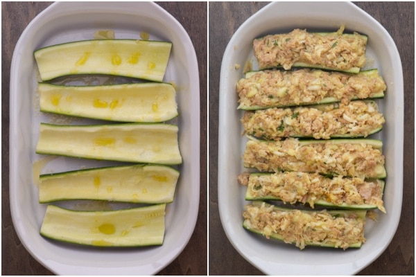 Zucchini boats in a white pan and filling on pan.
