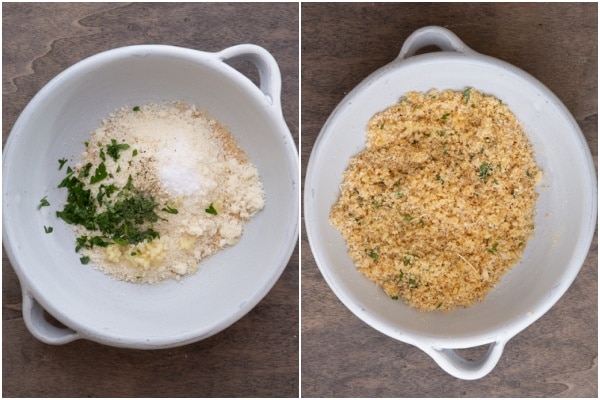 The breaded topping before and after made in a white dish.