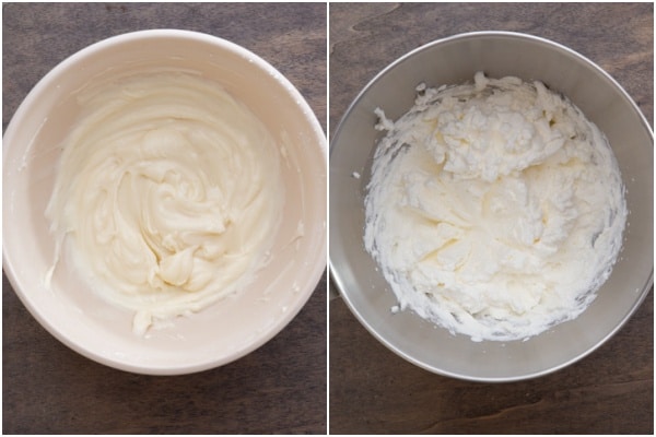 Beating the cream cheese mixture and the cream until stiff peaks form.