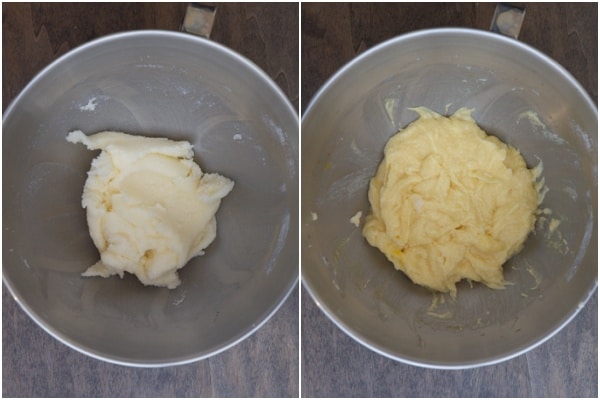 Butter beaten and egg and vanilla added in a mixing bowl.