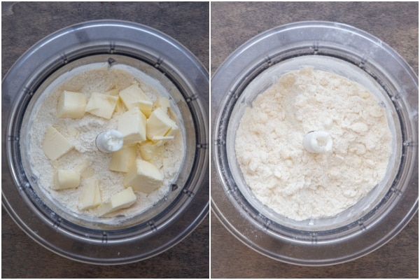 The dry ingredients and butter in a food processor before and after mixed.