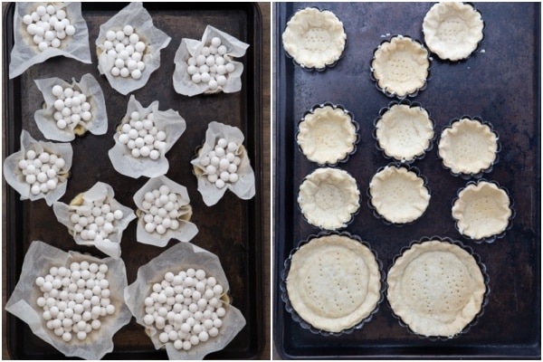 The tart shells filled with parchment paper and beans before and after baking.