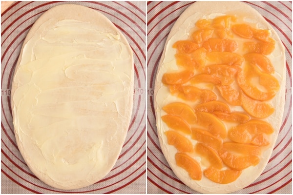 The dough rolled and topped with butter and peach filling.