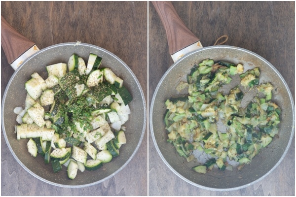 Cooking the zucchini in a pan before and after.